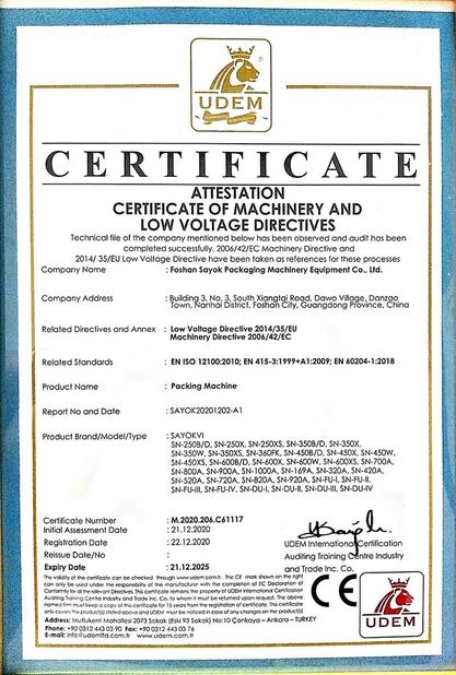 China Foshan Sayok Intelligent Machinery Co., Ltd.， certificaciones